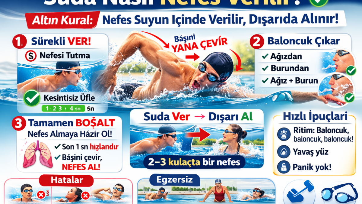 Beylikdüzü Stil Yüzme Spor Kulübü – suda nasıl nefes verilir: nefes suyun içinde verilir dışarıda alınır, baloncuk çıkarma ve başı yana çevirerek nefes alma infografiği