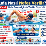 Beylikdüzü Stil Yüzme Spor Kulübü – suda nasıl nefes verilir: nefes suyun içinde verilir dışarıda alınır, baloncuk çıkarma ve başı yana çevirerek nefes alma infografiği