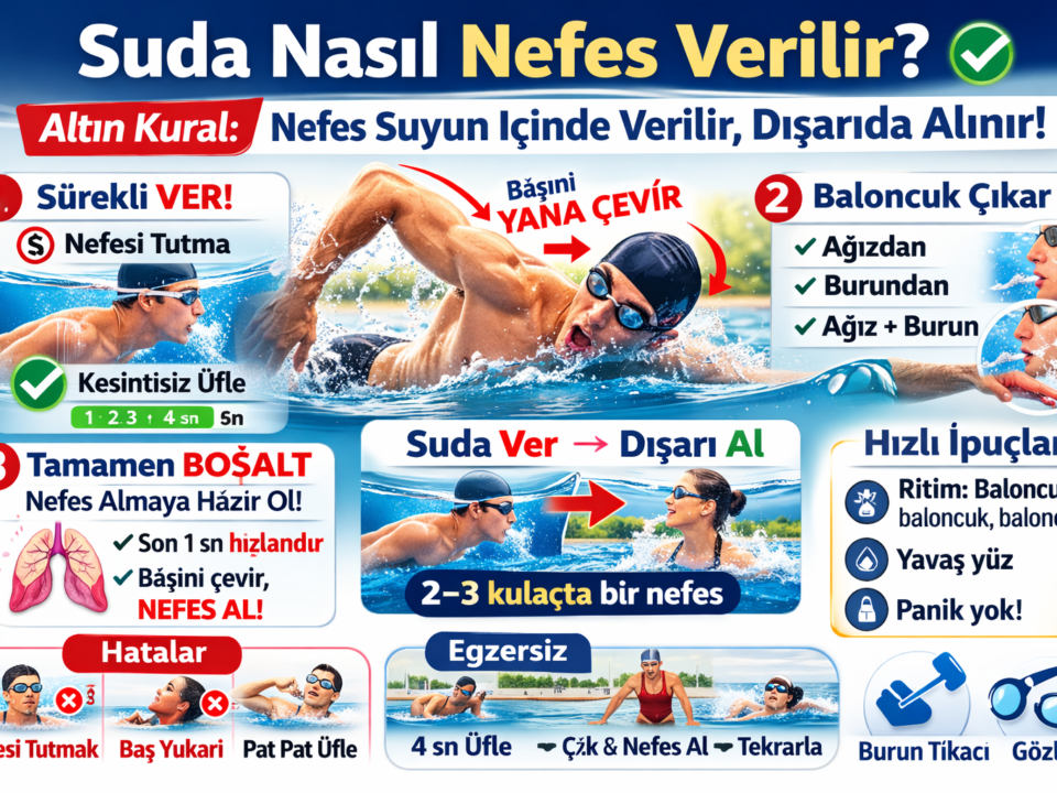 Beylikdüzü Stil Yüzme Spor Kulübü – suda nasıl nefes verilir: nefes suyun içinde verilir dışarıda alınır, baloncuk çıkarma ve başı yana çevirerek nefes alma infografiği