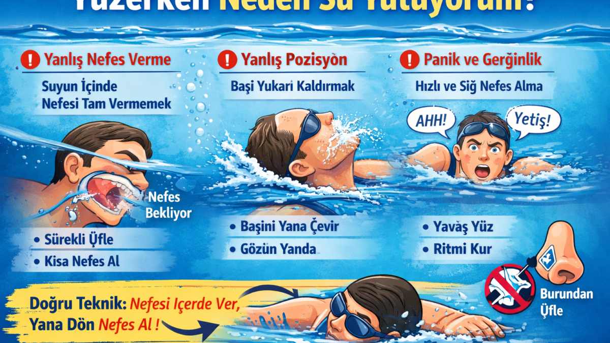 Beylikdüzü Stil Yüzme Spor Kulübü – yüzerken su yutma nedenleri ve doğru nefes tekniği (nefesi suda ver, yana dön nefes al) infografiği