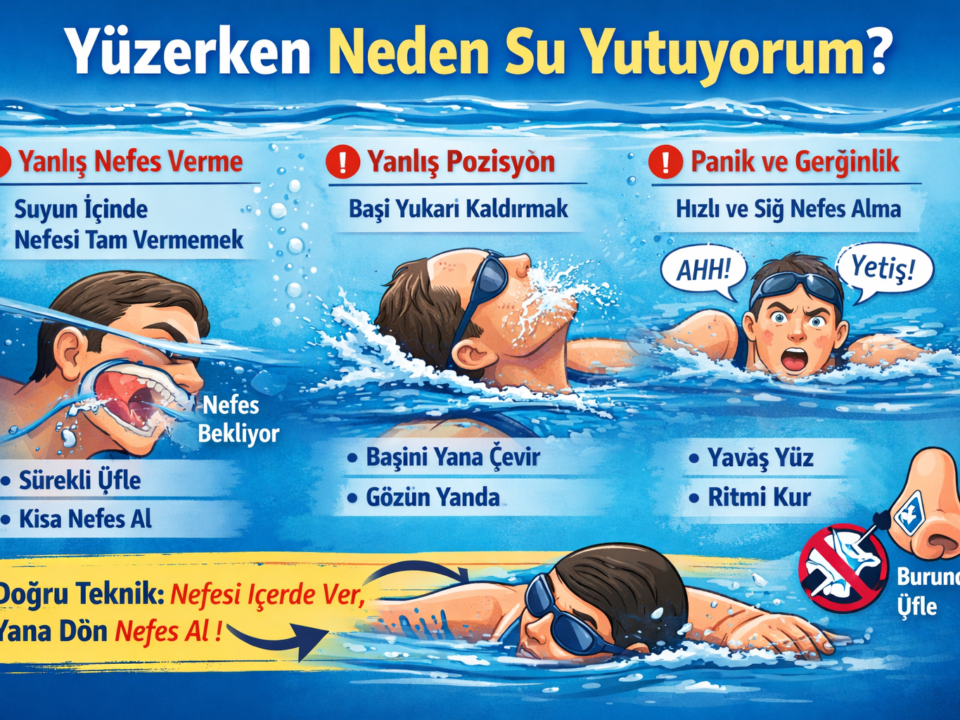 Beylikdüzü Stil Yüzme Spor Kulübü – yüzerken su yutma nedenleri ve doğru nefes tekniği (nefesi suda ver, yana dön nefes al) infografiği