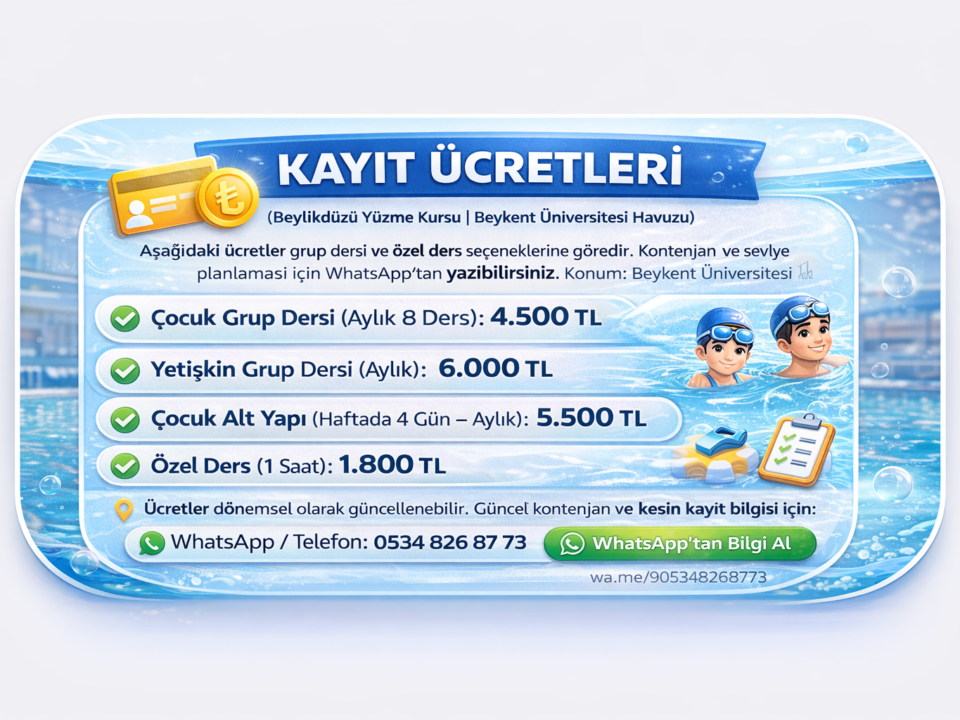 Beylikdüzü yüzme kursu kayıt ücretleri görseli, çocuk grup dersi, yetişkin grup dersi, çocuk alt yapı ve özel ders fiyatları