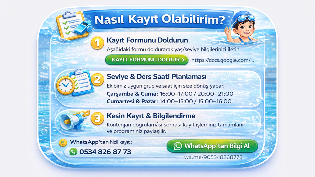 Beylikdüzü yüzme kursu kayıt formu görseli, ders saatleri ve WhatsApp iletişim bilgileri