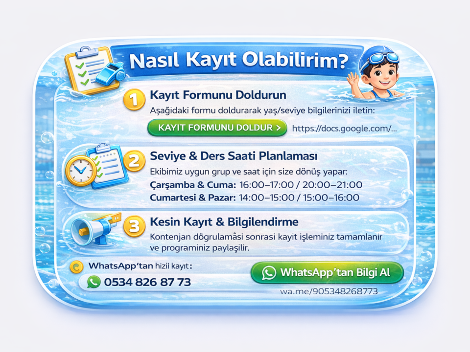 Beylikdüzü yüzme kursu kayıt formu görseli, ders saatleri ve WhatsApp iletişim bilgileri