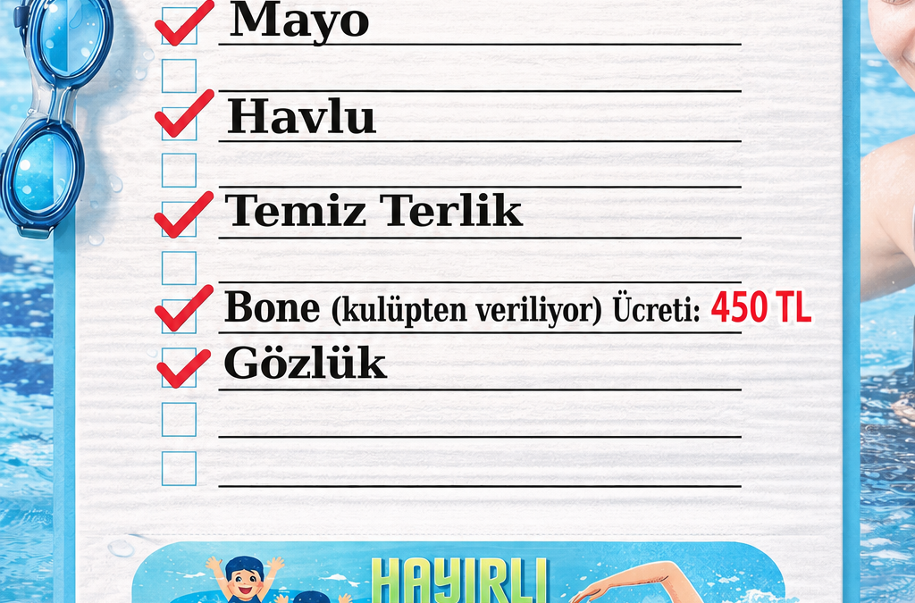 Yüzme dersine gelirken mayo, havlu, temiz terlik, bone ve yüzücü gözlüğü çantada hazır olmalıdır. Stil Yüzme Kulübü gerekli malzeme listesini velilerimiz için hazırladı.
