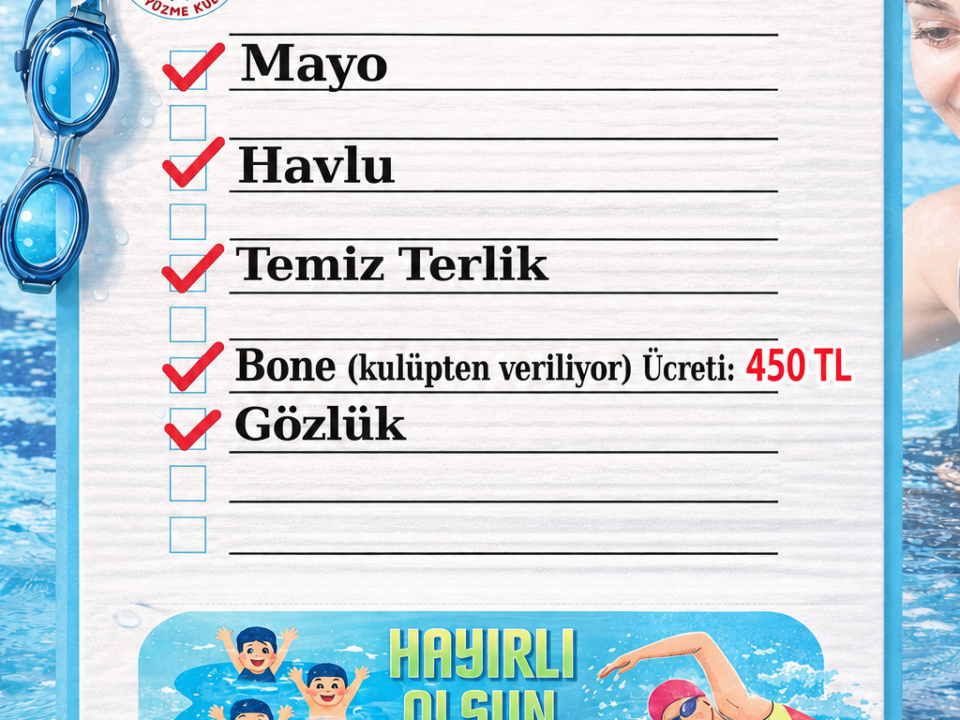 Yüzme dersine gelirken mayo, havlu, temiz terlik, bone ve yüzücü gözlüğü çantada hazır olmalıdır. Stil Yüzme Kulübü gerekli malzeme listesini velilerimiz için hazırladı.